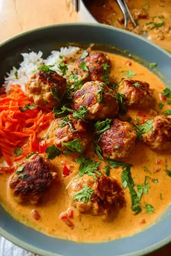 Delicious Thai Red Curry Chicken Meatballs in a skillet with sauce and garnish