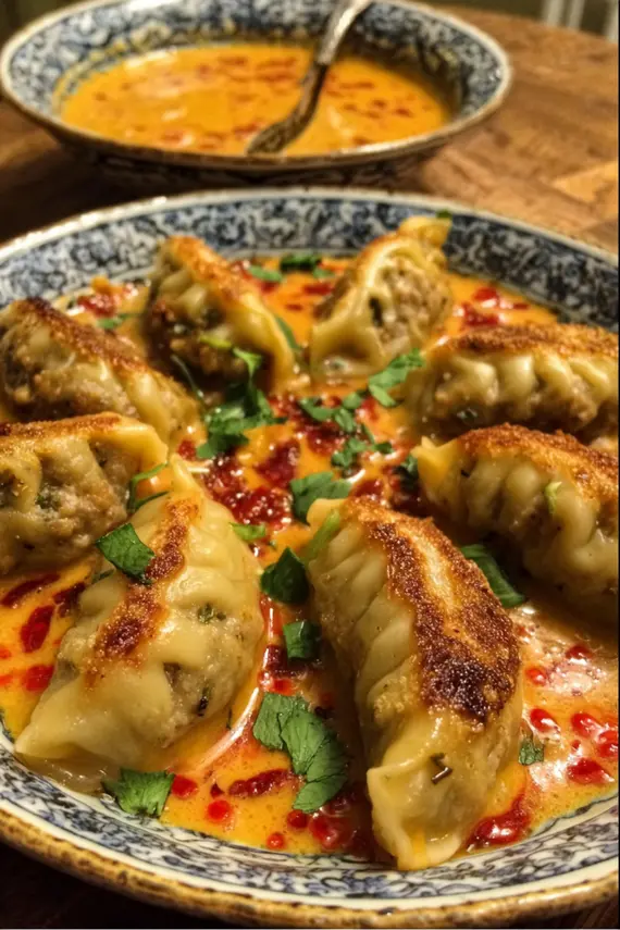 Thai curry sauce being drizzled over freshly baked potstickers