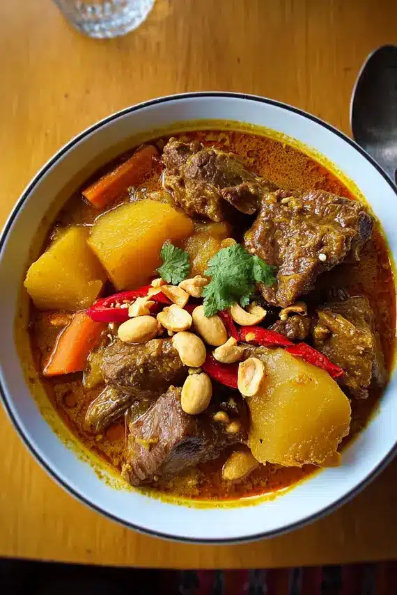 Slow Baked Massaman Beef Curry with tender meat and potatoes in a rich sauce