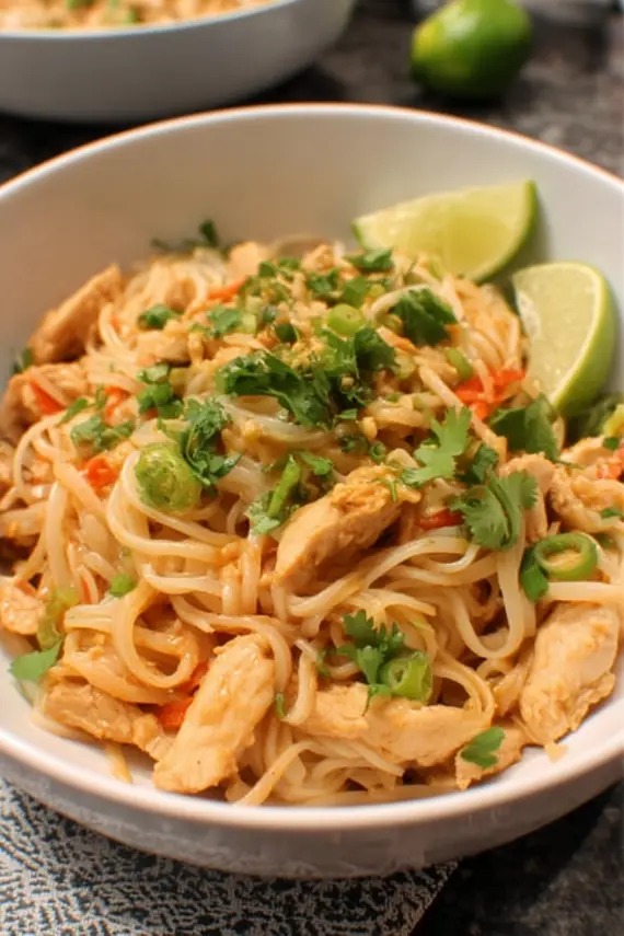 Thai Peanut Chicken Noodles in a wok with colorful vegetables and creamy peanut sauce