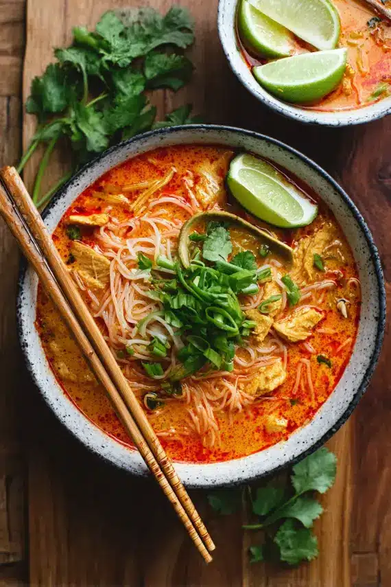 Colorful bowls of Thai noodle soup with various toppings and garnishes