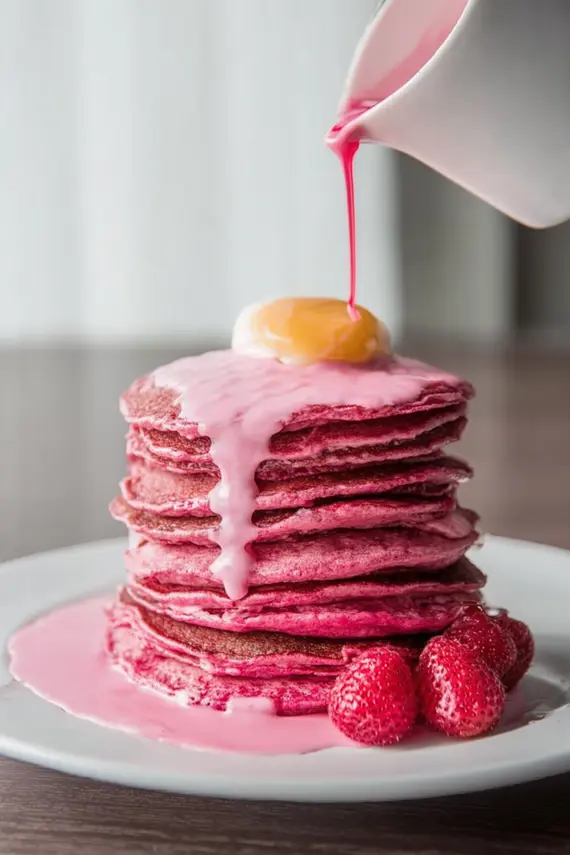 Pink pitaya blender pancakes stacked with tropical fruits and toppings