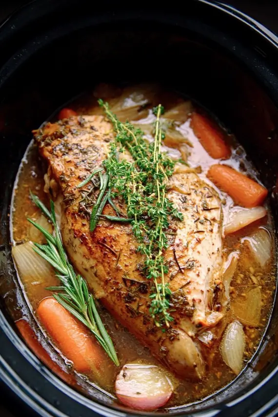Sliced tender slow cooker turkey breast on a serving platter with herbs and vegetables