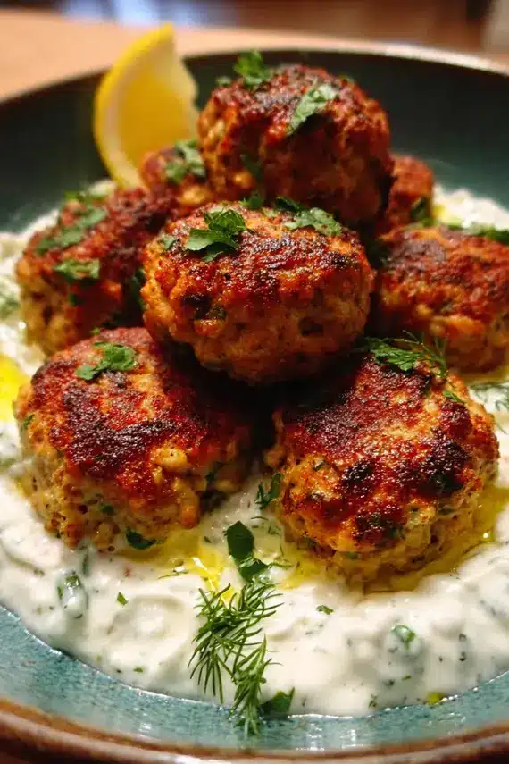 Freshly baked lemon yogurt turkey meatballs on a parchment-lined baking sheet