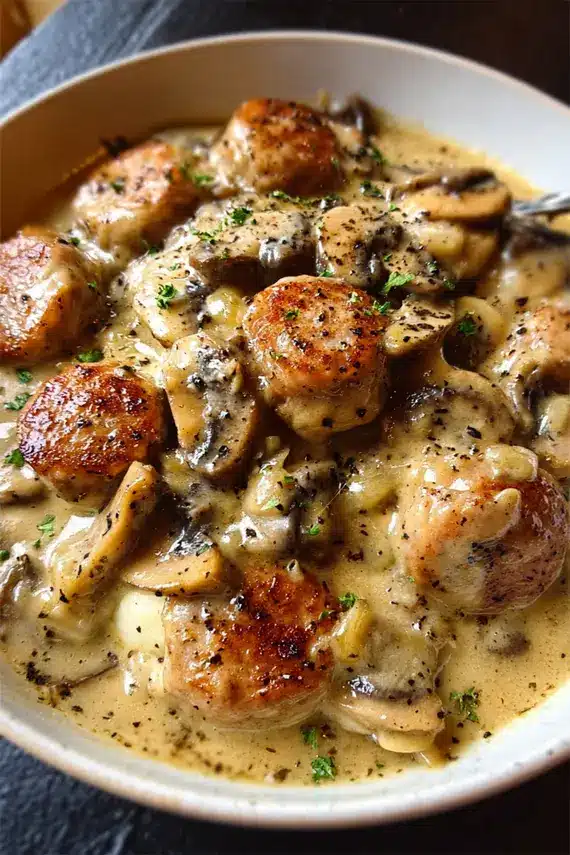 Creamy turkey sausage mushroom gravy in a skillet with a wooden spoon