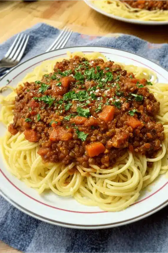 Homemade plant based vegan bolognese sauce served over pasta with fresh herbs
