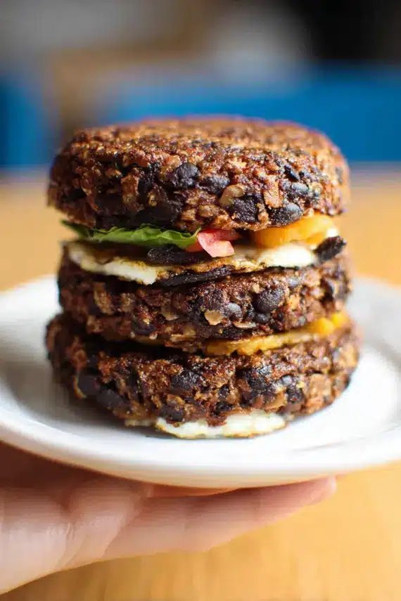 Perfectly cooked vegan black bean burger with golden-brown exterior