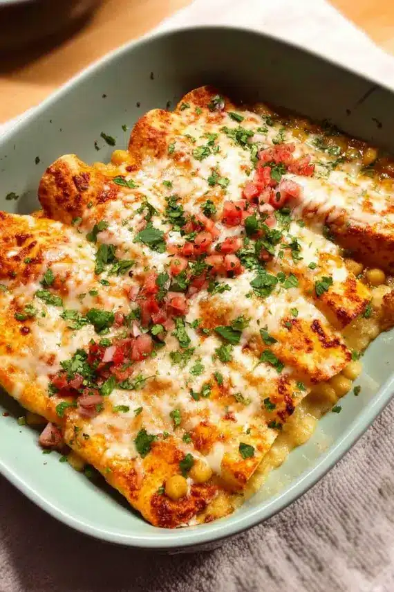Freshly baked coconut chickpea enchiladas in a casserole dish garnished with fresh cilantro and lime wedges