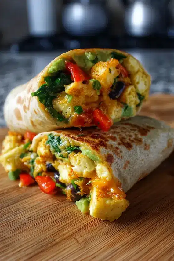 Veggie breakfast burritos cut in half showing colorful filling of eggs, black beans, bell peppers and spinach