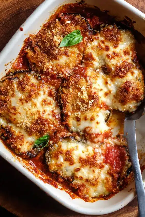 Eggplant Parmesan Bake served as a complete meal with side salad