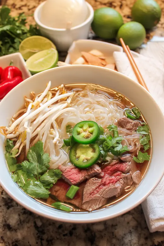 Vietnamese noodle soup with fresh herbs and garnishes