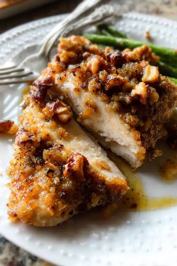 Golden brown walnut crusted chicken on a baking sheet