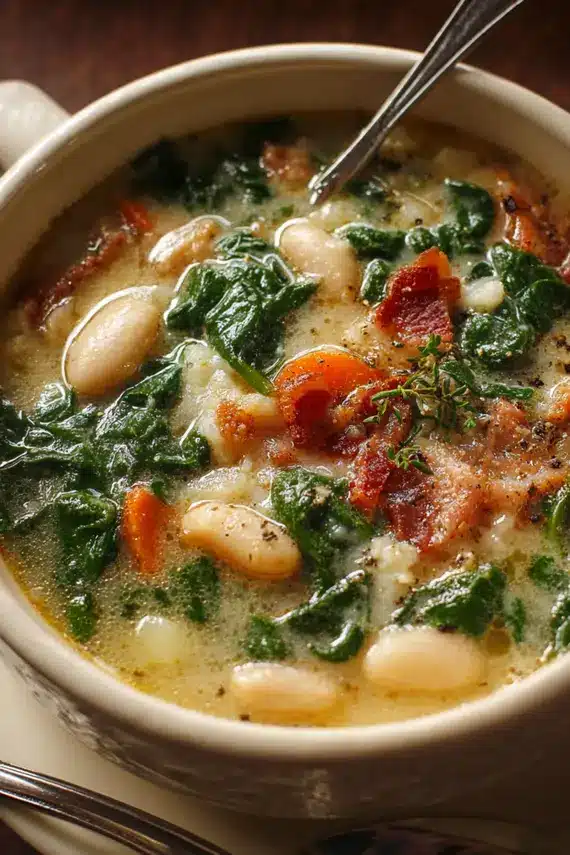 White Bean Bacon Spinach Soup in a bowl with crispy bacon bits on top