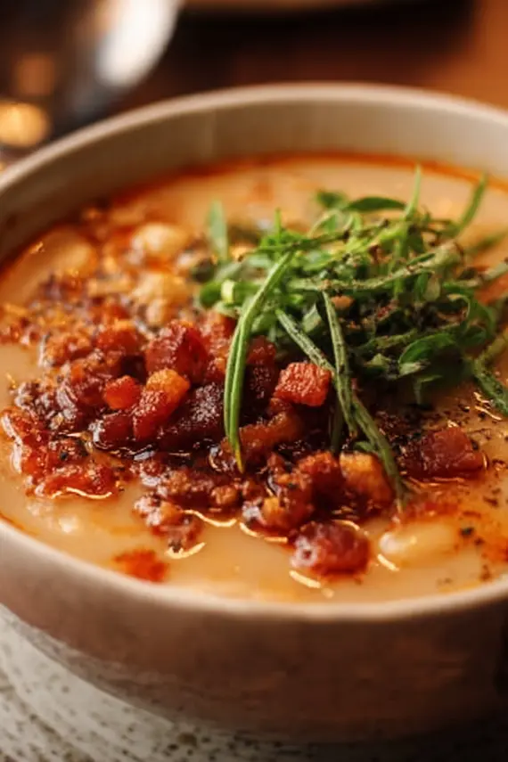 Creamy white bean bacon soup in a bowl topped with crispy bacon and fresh herbs