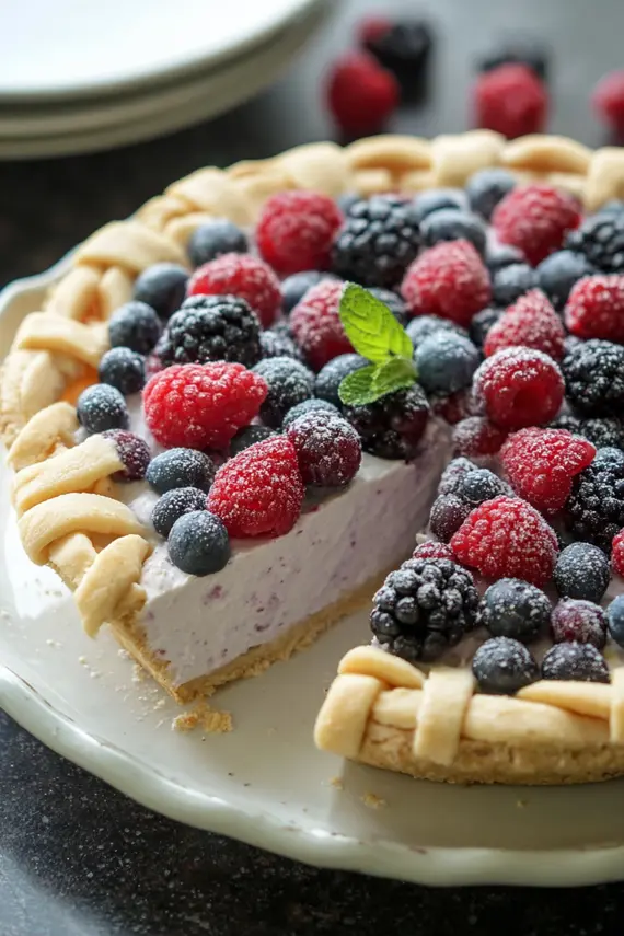 White chocolate frozen mixed berry pie close-up showing creamy white chocolate filling with vibrant berries