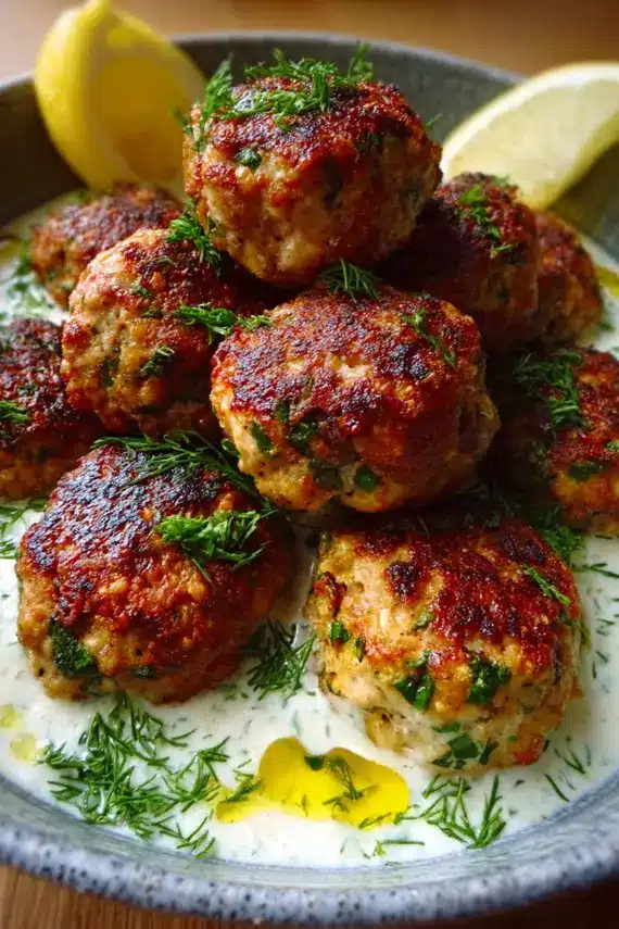 Lemon yogurt turkey meatballs served with cucumber yogurt sauce and herbs