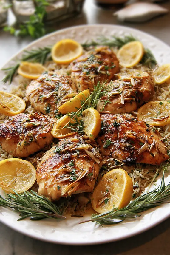 Sliced garlic lemon herb chicken arranged on a serving platter with roasted vegetables and fresh herbs