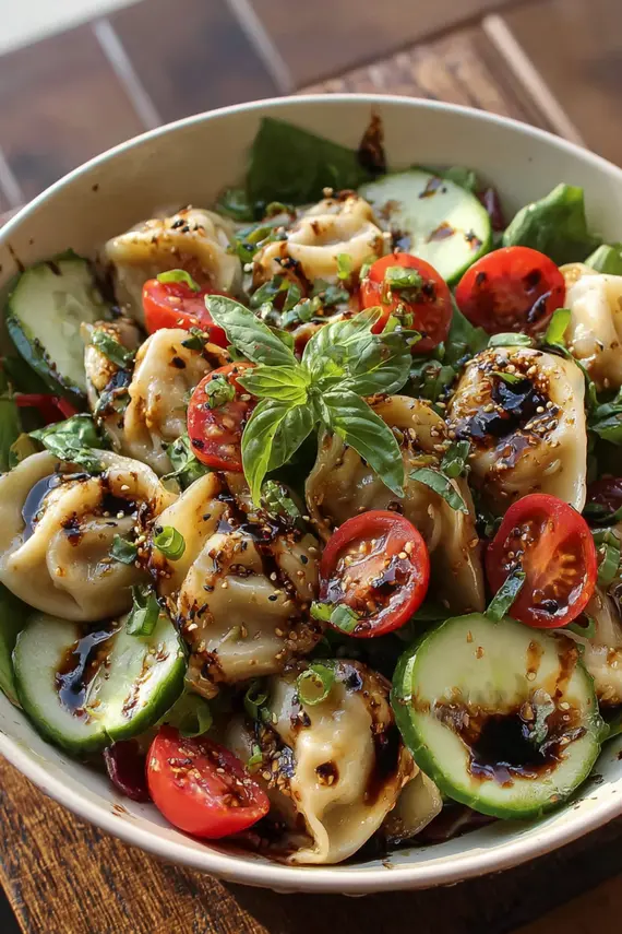 Asian-inspired dumpling salad with basil balsamic dressing served on a plate