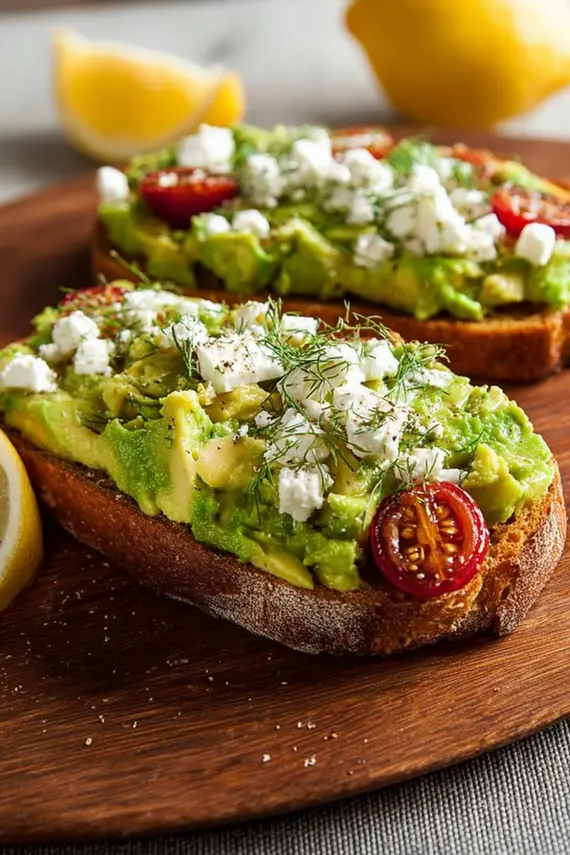 Freshly prepared avocado feta toast with golden sourdough bread
