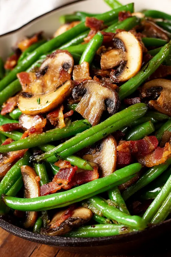Delicious plated green beans bacon mushrooms side dish