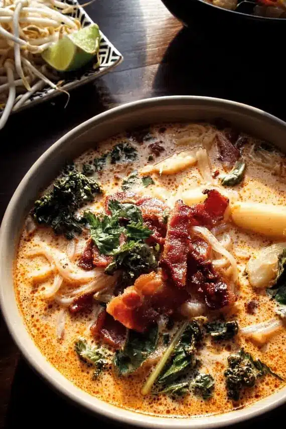 Bowl of Thai coconut bacon noodle soup with garnishes