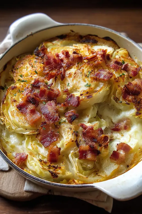 Creamy baked cabbage with bacon in a baking dish fresh from the oven