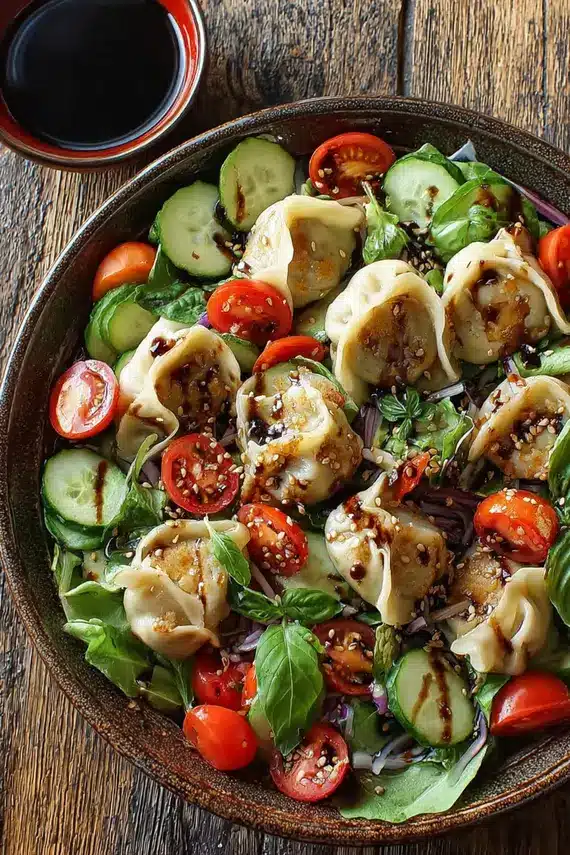 Dumpling salad with basil balsamic dressing in a large white bowl
