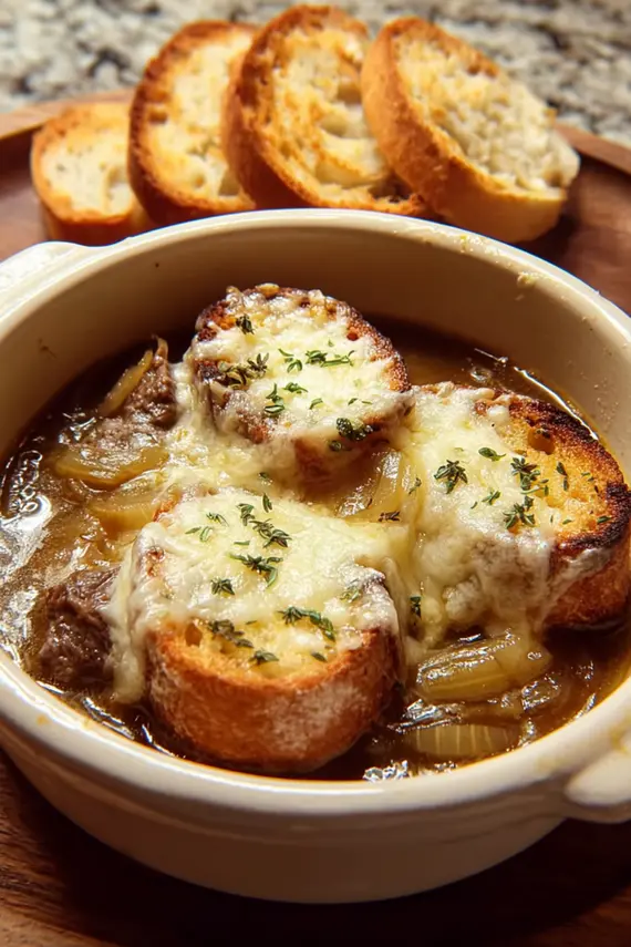 French onion beef stew with cheesy bread served in a bowl