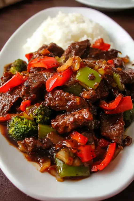 Delicious black pepper beef stir fry in a wok