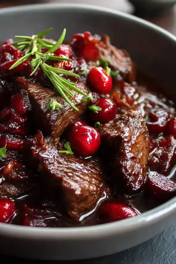 Perfectly braised beef with balsamic cranberry sauce in a Dutch oven