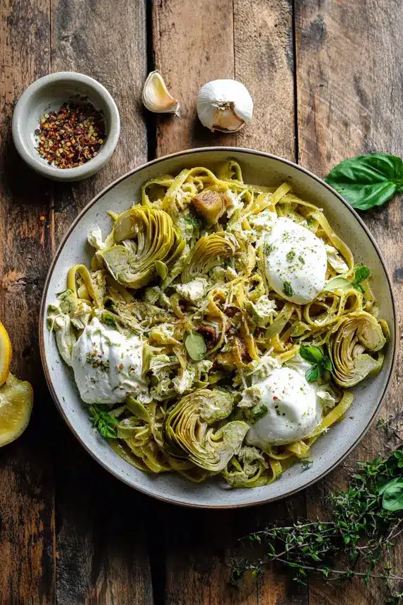 Creamy burrata cheese melting into artichoke pasta