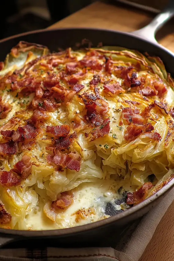 Creamy baked cabbage with bacon served on a plate with a side of roasted meat
