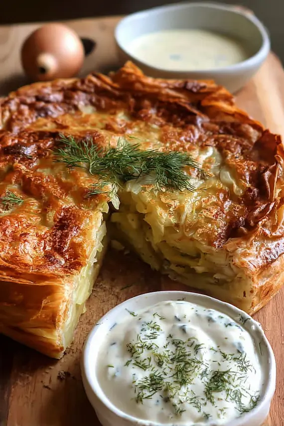 Freshly baked crispy cabbage pie with golden crust and tender filling