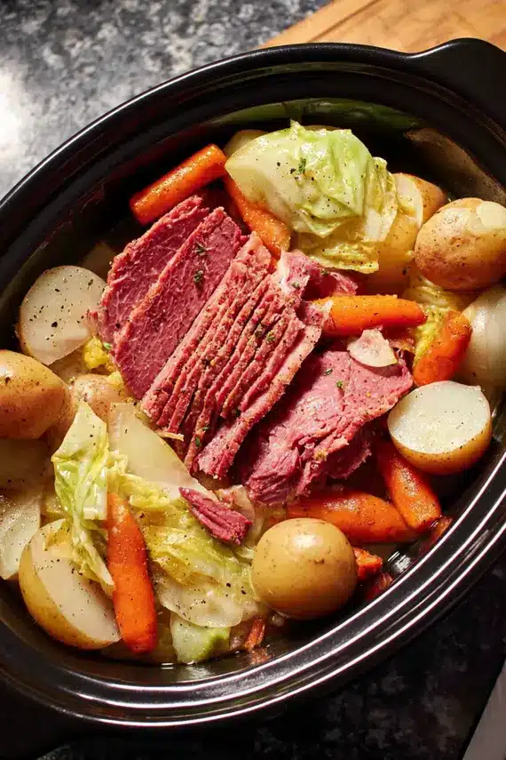 Serving suggestion for slow cooker corned beef cabbage with tender vegetables arranged beautifully on a platter