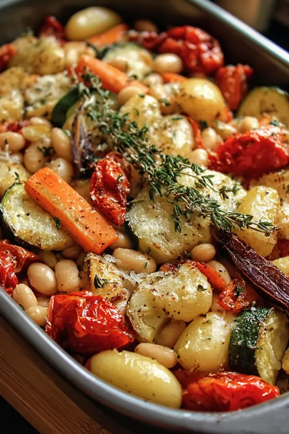 Roasted vegetable cannellini bean bake served with fresh herbs and a side salad