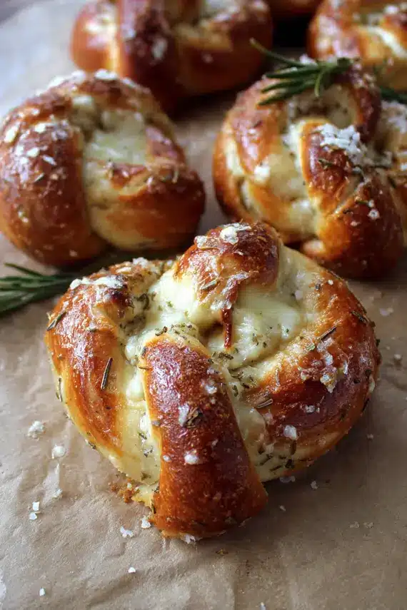 Fresh baked mozzarella stuffed pretzels with rosemary on a wooden board