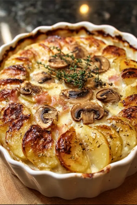 Finished potato mushroom brie bake with golden cheese crust