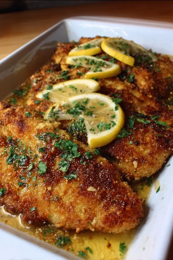 Crispy chicken cutlets with lemon butter sauce served with roasted vegetables