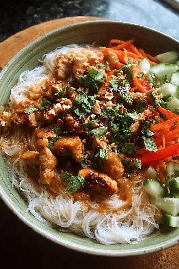 Finished Thai Peanut Chicken Noodle Bowl with garnishes