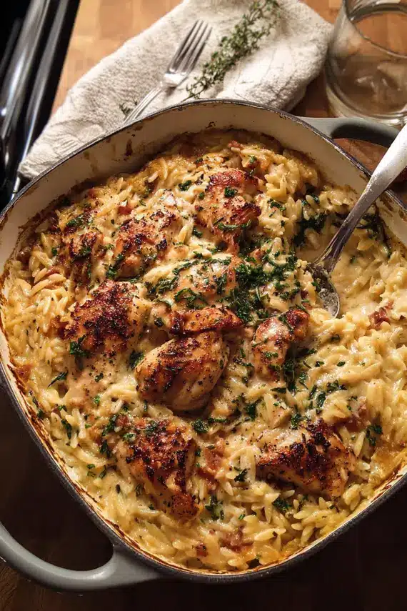 Golden and bubbly creamy chicken orzo bake fresh from the oven