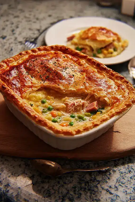 Freshly baked chicken ham pot pie with golden crust