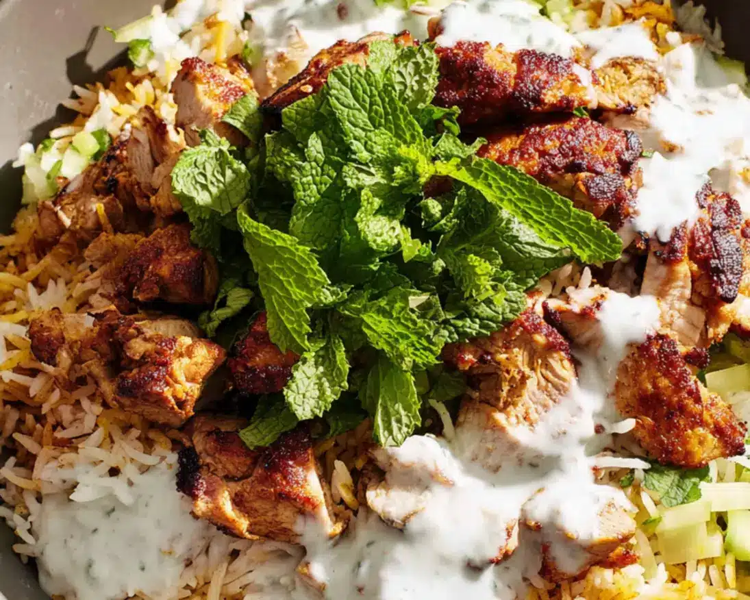chicken shawarma rice white sauce