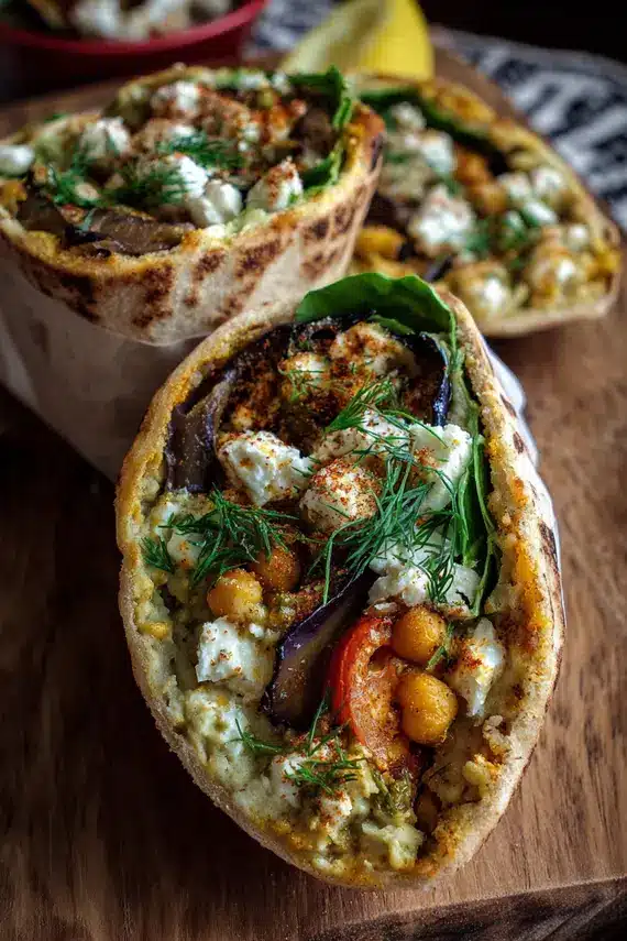 Chickpea feta spread in a bowl surrounded by vegetarian wrap ingredients