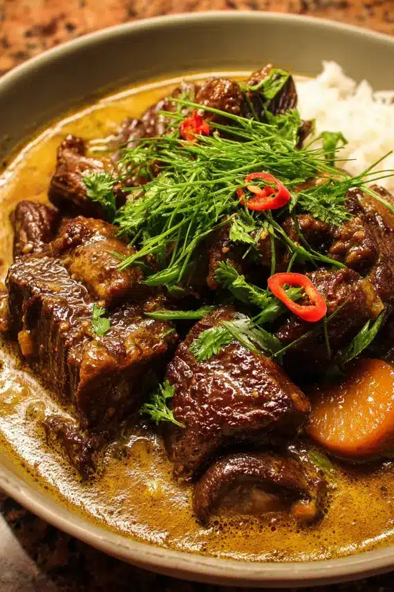 Lemongrass coconut braised beef served over jasmine rice with herbs