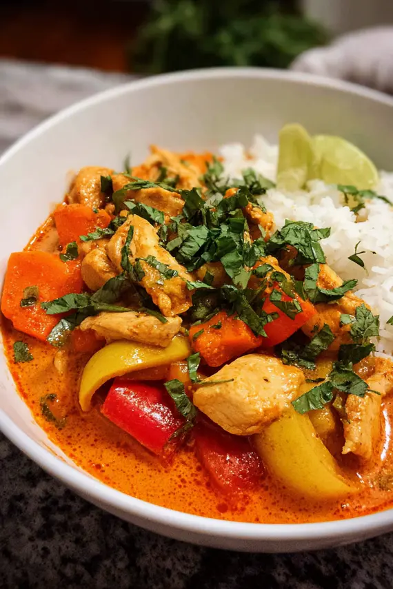 Creamy coconut milk being poured into thai red curry chicken