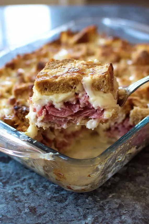 Reuben Casserole served on plate with side salad and pickle