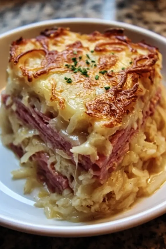 Served reuben casserole showing layers of corned beef, sauerkraut, and melted Swiss cheese with golden bread topping
