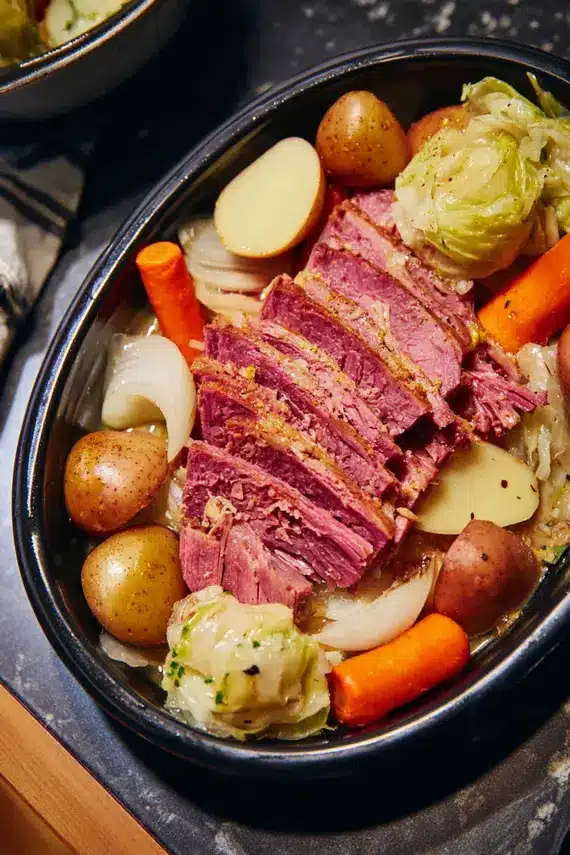 Perfectly cooked slow cooker corned beef cabbage with tender meat and vegetables