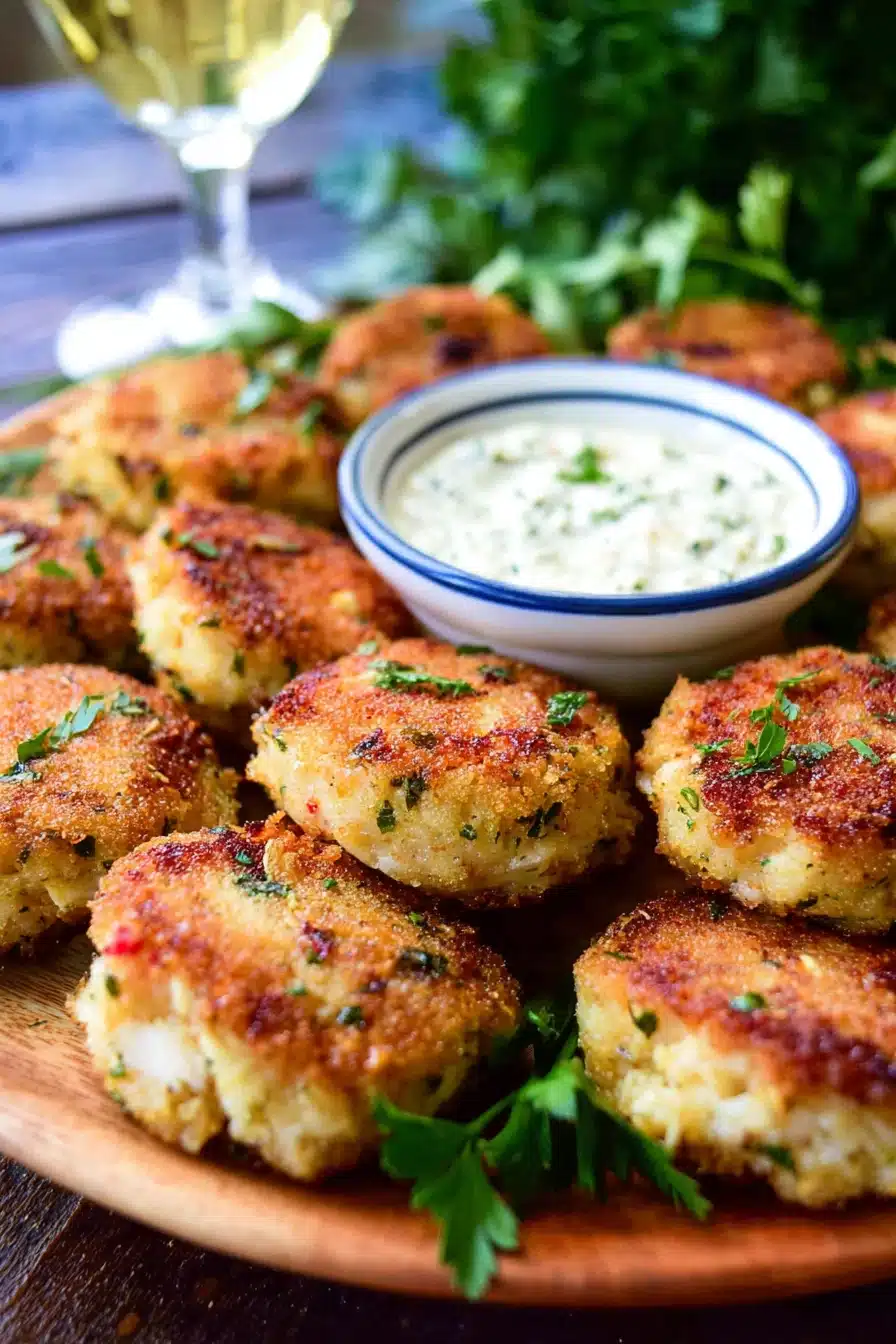 Golden brown mini crab cakes being fried in a skillet
