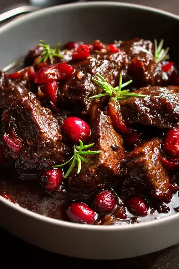 Balsamic cranberry sauce being spooned over tender braised beef